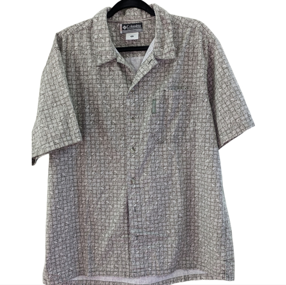 Columbia XCO Olive and cream SS button up cotton shirt Size Large EUC